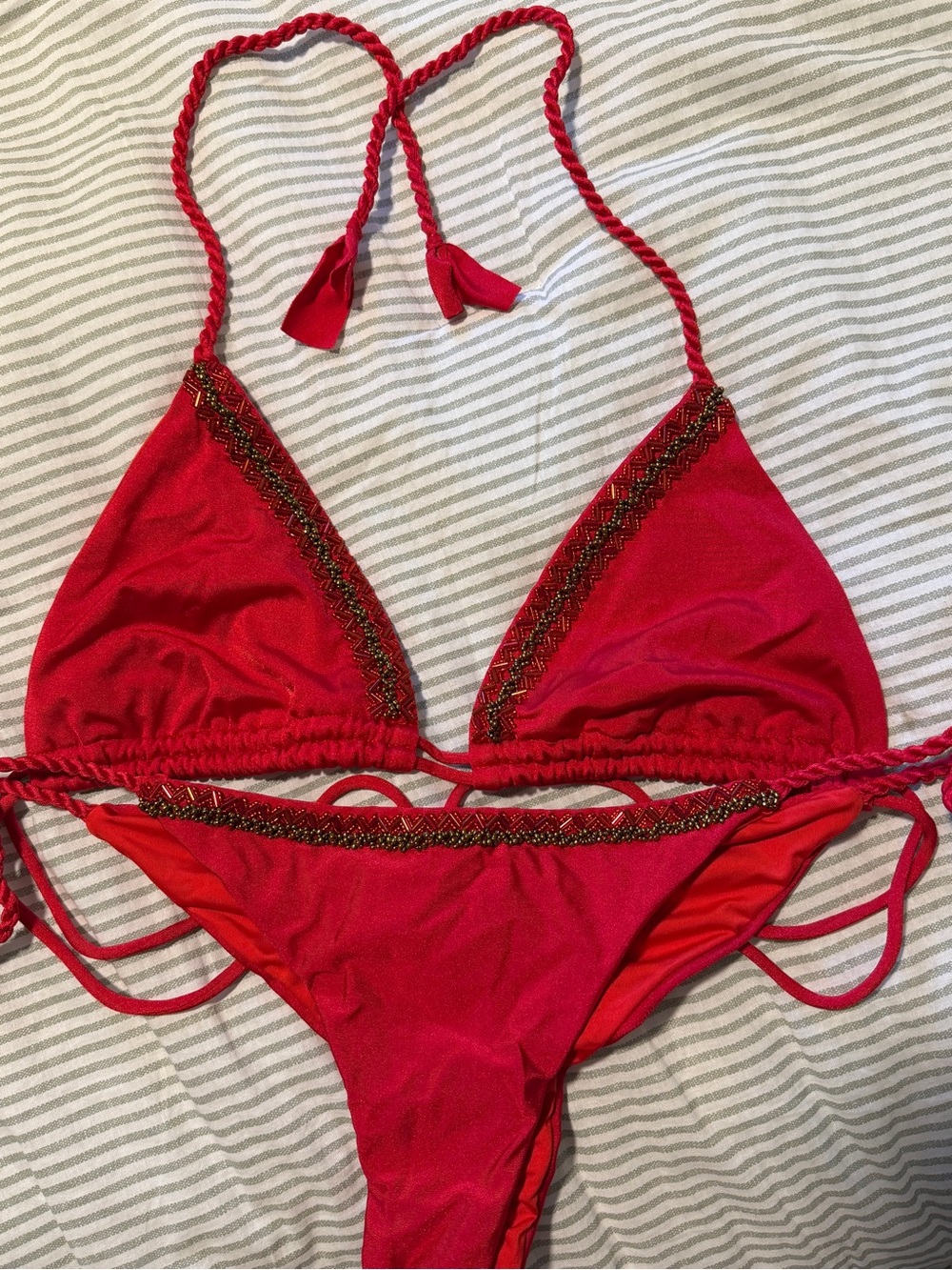 Colombian Red Beaded Triangle Bikini